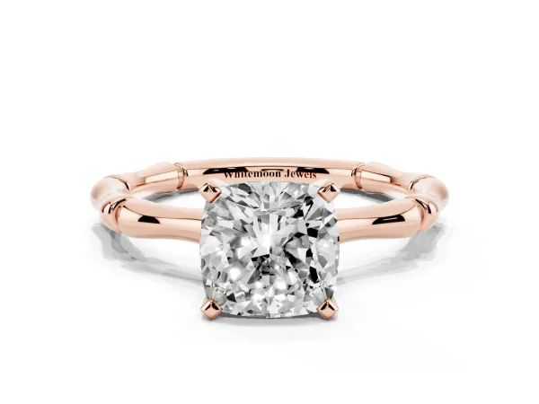 Cushion Cut Solitaire Diamond Ring with Bamboo Band and Four-Prong Setting Rose gold