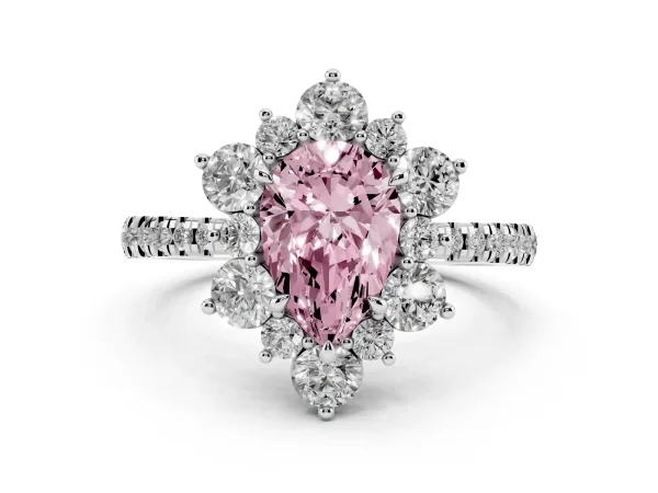 Fancy Pink Pear Cut Diamond Floral Halo Ring with Round Pavé Band and Prong Setting Platinum