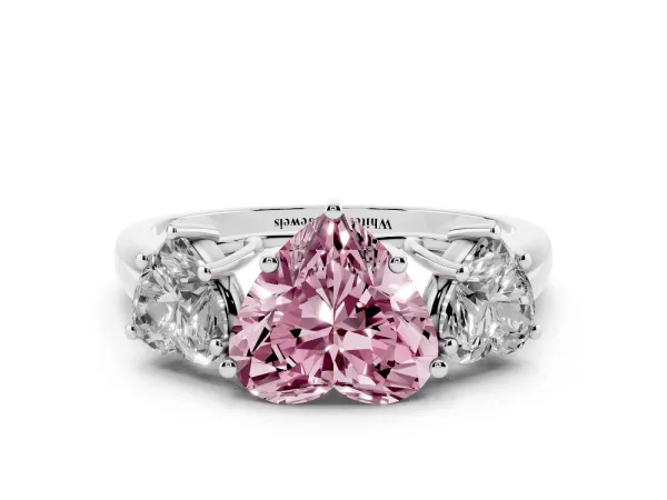 Fancy Pink Three-Stone Heart Cut Diamond Engagement Ring with Prong Setting Platinum