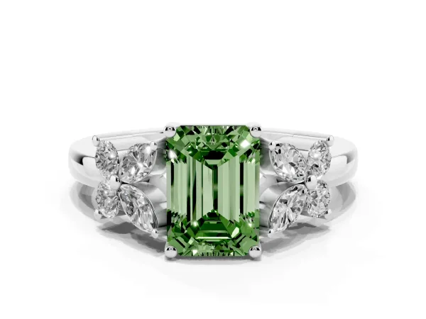 Fancy Green Emerald Cut Diamond Floral Cluster Ring with Solitaire Band and Prong Setting Platinum