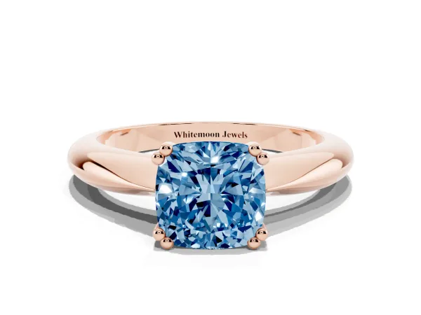 Fancy Blue Cushion Cut Cut Solitaire Engagement Ring with Tapered Band and Four-Prong Setting Rose gold