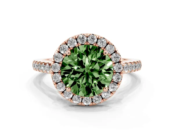 Fancy Green Round Cut Halo Pave Diamond Engagement Ring with Four-Prong Setting Rose gold