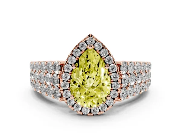 Fancy Yellow Pear Cut Diamond Halo Engagement Ring with Triple Row Round Pavé Band and Prong Setting Rose gold