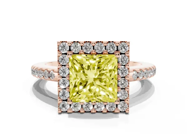 Fancy Yellow Princess Cut Diamond Pavé Halo Ring with Four-Prong Setting Rose gold