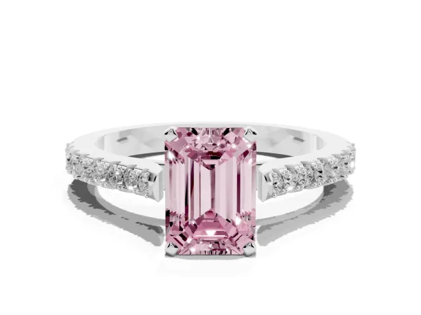 Fancy Pink Emerald Cut Cut Solitaire Diamond Engagement Ring with Pave Band and Four-Prong Setting White gold