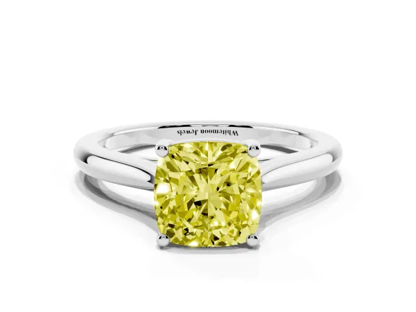 Fancy Yellow Cushion Cut Cut Solitaire Ring with Cathedral Band and Four-Prong Setting White gold