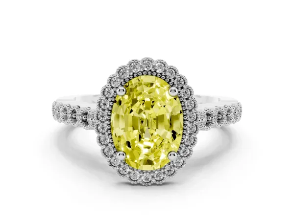Fancy Yellow Oval Cut Cut Halo Pavé Solitaire Ring with Milgrain Band Platinum