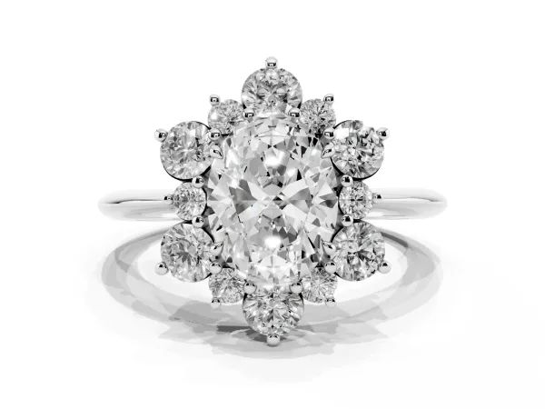Oval Cut Diamond Cluster Halo Ring with Solitaire Band and Four-Prong Setting Platinum
