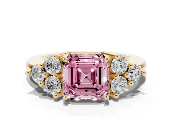 Fancy Pink Asscher Cut Brilliant Diamond Cluster Accent Solitaire Ring with Prong Setting Yellow gold