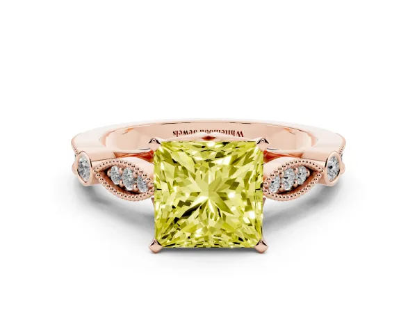 Fancy Yellow Princess Cut Cut Diamond with Milgrain Marquise and Bezel Accents on a Solitaire Band with Prong Setting Rose gold