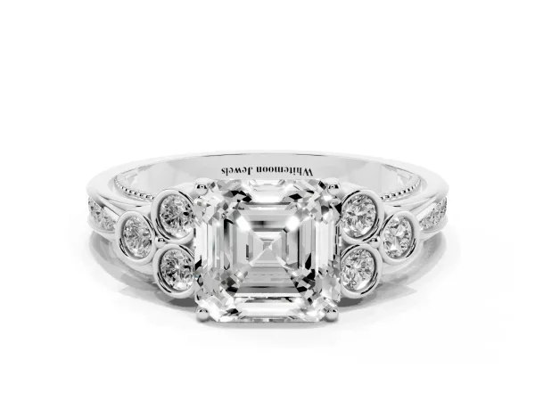 Asscher Cut Cut Diamond Engagement Ring with Bezel Set Round Side Stones and Prong Setting White gold