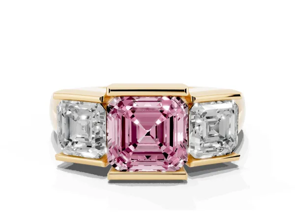 Fancy Pink Three Stone Asscher Cut Cut Channel Set Diamond Ring Yellow gold