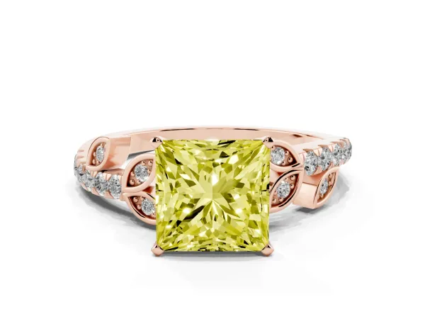 Fancy Yellow Princess Cut Solitaire Leaf-Inspired Diamond Ring with Pavé Band and Four-Prong Setting Rose gold