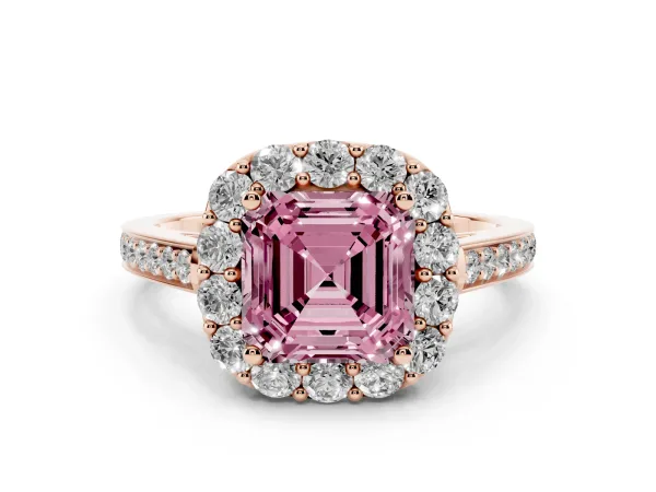 Fancy Pink Asscher Cut Diamond Floral Halo Ring with Pavé Band and Prong Setting Rose gold