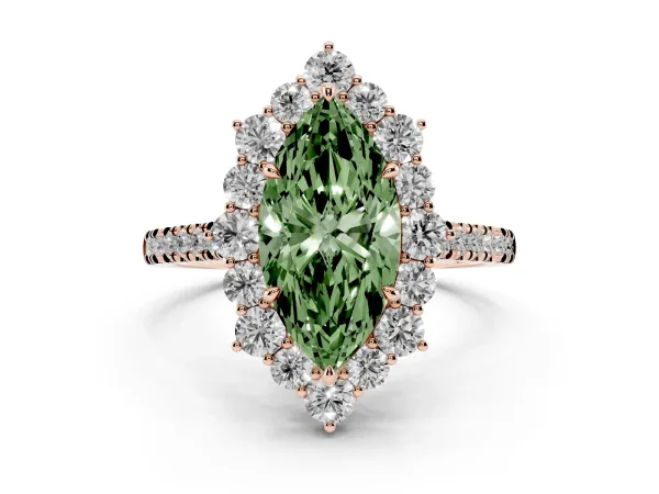 Fancy Green Marquise Cut Halo Diamond Ring with Pavé Band and Prong Setting Rose gold