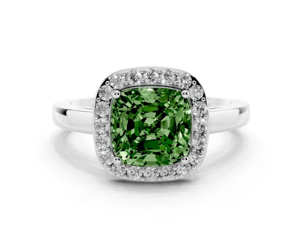 Fancy Green Cushion Cut Halo Diamond Ring with Solitaire Band and Prong Setting White gold