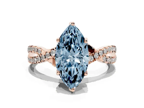 Fancy Blue Marquise Cut Solitaire Twist Pave Diamond Engagement Ring with Prong Setting Rose gold