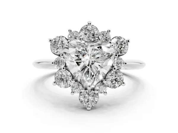 Heart Cut Diamond Cluster Halo Ring with Solitaire Band and Four-Prong Setting Platinum