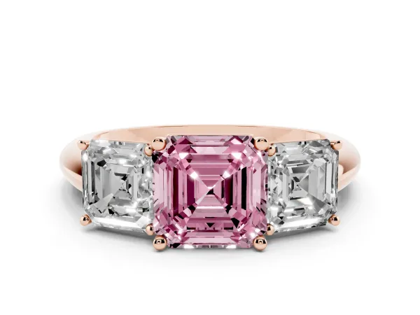 Fancy Pink Three-Stone Asscher Cut Cut Diamond Engagement Ring with Prong Setting on a White Gold Band Rose gold