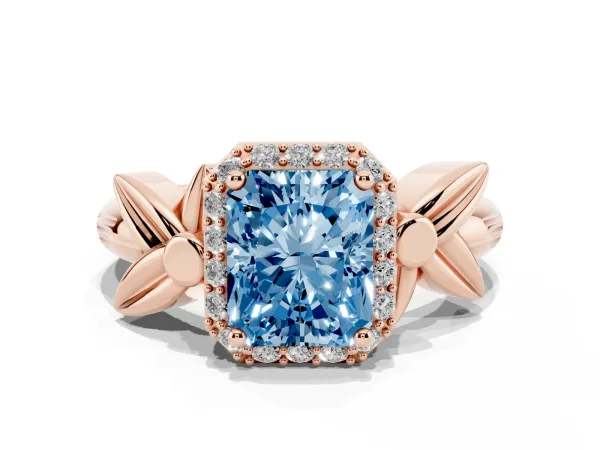 Fancy Blue Radiant Cut Halo Diamond Floral Band with Four-Prong Setting Rose gold