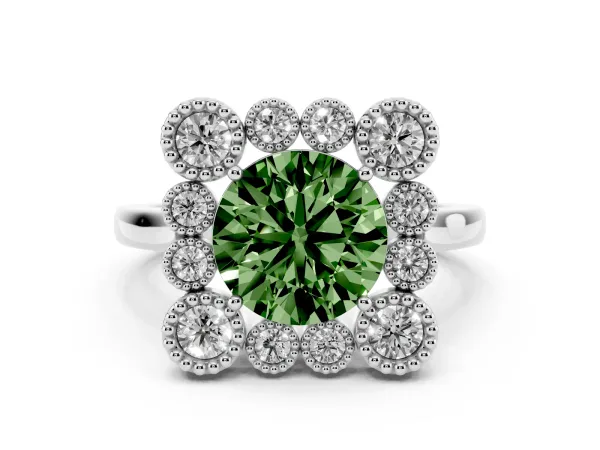 Fancy Green Round Cut Halo Diamond Cluster Engagement Ring with Milgrain Bezel Setting and Solitaire Band Platinum