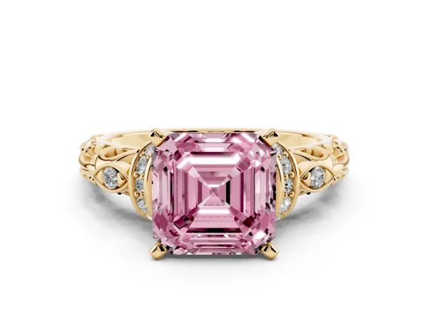 Fancy Pink Asscher Cut Diamond Solitaire Ring with Filigree Band and Four-Prong Setting Yellow gold