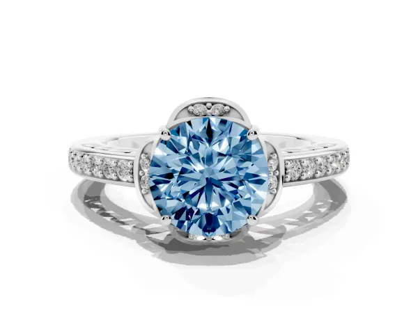 Fancy Blue Round Cut Cut Halo Diamond Ring with Channel Set Band and Four-Prong Setting Platinum