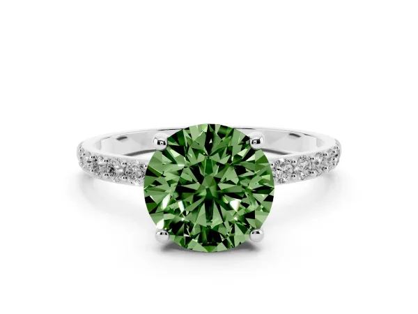 Fancy Green Round Cut Diamond Solitaire Ring with Round Pavé Band and Prong Setting Platinum