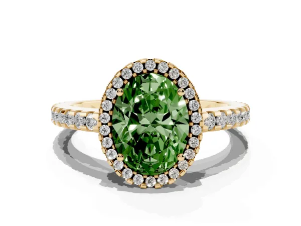 Fancy Green Oval Cut Diamond Halo Engagement Ring with Pavé Band and Prong Setting Yellow gold