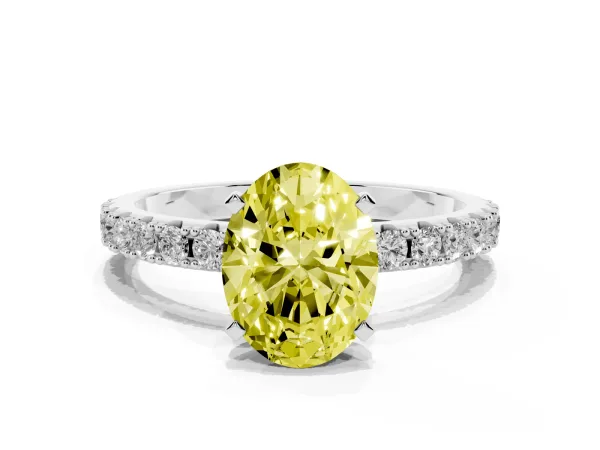 Fancy Yellow Oval Cut Diamond Solitaire Pavé Band with Four-Prong Setting Platinum