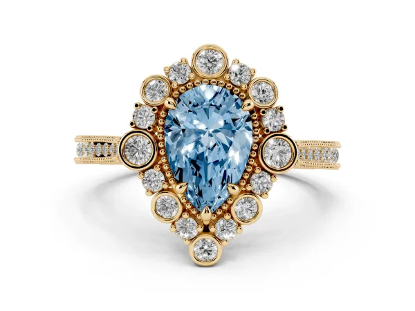 Fancy Blue Pear Cut Halo Milgrain Pave Diamond Ring with Four-Prong Setting Yellow gold