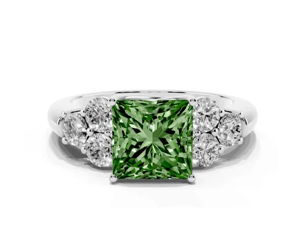 Fancy Green Princess Cut Cut Diamond Cluster Ring with Round Accent Stones and Prong Setting on a Classic Band White gold