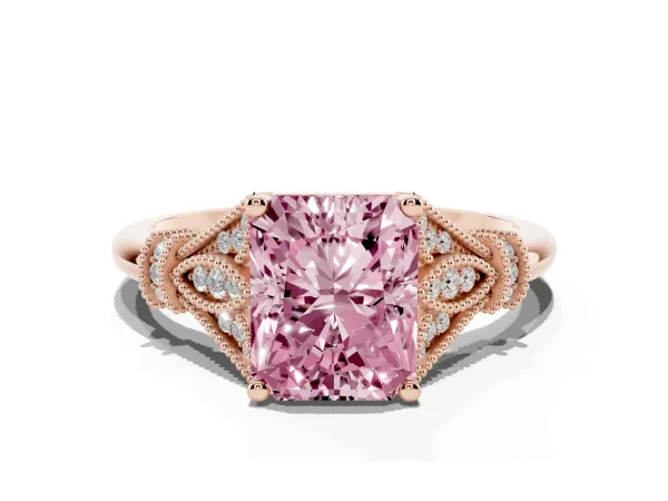 Fancy Pink Radiant Cut Diamond Solitaire Ring with Floral Filigree and Pave Accents Rose gold