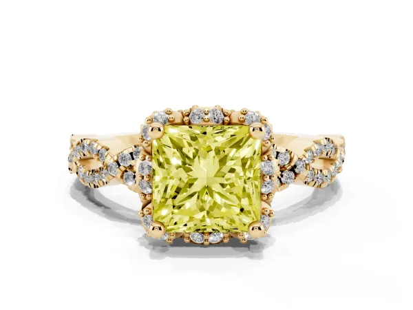 Fancy Yellow Princess Cut Halo Twist Band Solitaire Ring with Six-Prong Setting Yellow gold