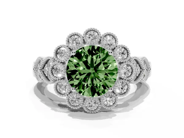 Fancy Green Round Cut Brilliant Milgrain Pave Heart Band Solitaire Ring Platinum