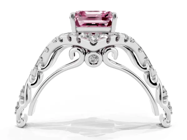 Fancy Pink Asscher Cut Diamond Solitaire Ring with Hidden Halo and Pavé Band White gold