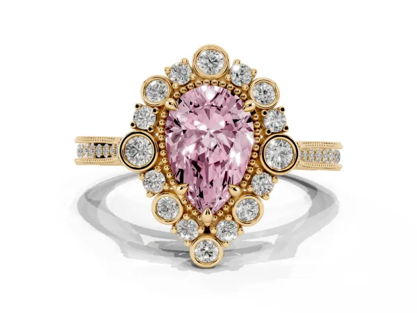 Fancy Pink Pear Cut Halo Milgrain Pave Diamond Ring with Four-Prong Setting Yellow gold