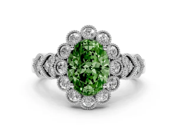 Fancy Green Oval Cut Brilliant Milgrain Pave Heart Band Solitaire Ring White gold