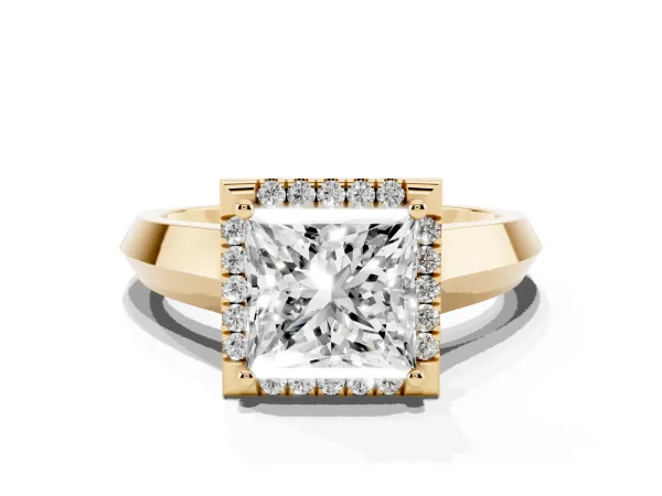 Princess Cut Halo Diamond Ring with Cathedral Band and Four-Prong Setting Yellow gold