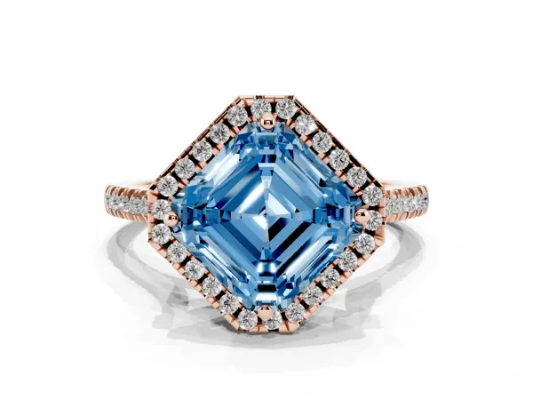 Fancy Blue Asscher Cut Diamond Cushion Halo Ring with Pavé Band Rose gold