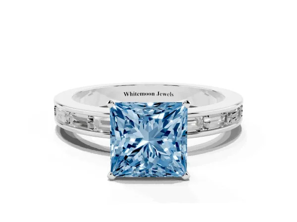 Fancy Blue Princess Cut Solitaire Diamond Ring with Channel-Set Baguette Band and Four-Prong Setting Platinum