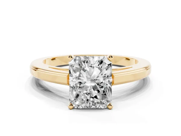 Radiant Cut Solitaire Diamond Ring with Four-Prong Setting and Classic Band Yellow gold