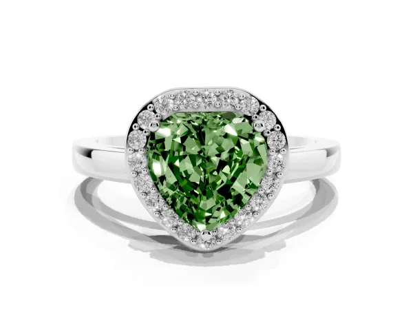 Fancy Green Heart Cut Halo Diamond Ring with Solitaire Band and Prong Setting Platinum