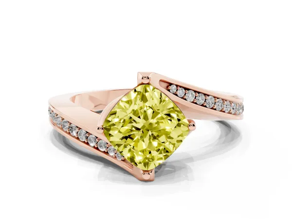 Fancy Yellow Cushion Cut Solitaire Diamond Twist Band with Pavé Setting and Four-Prong Setting Rose gold