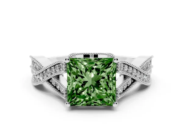Fancy Green Princess Cut Cut Diamond Twisted Band with Milgrain Pave Setting and Four-Prong Setting White gold