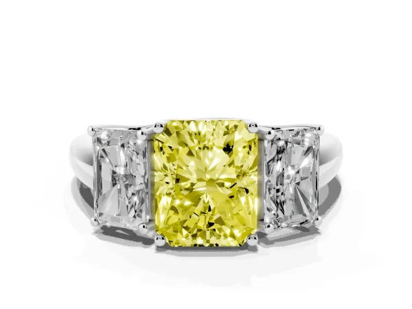 Fancy Yellow Three-Stone Radiant Cut Diamond Engagement Ring with Prong Setting Platinum