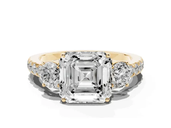 Asscher Cut Cut Diamond Three-Stone Ring with Round Side Stones and Pavé Band Yellow gold