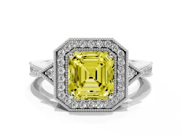 Fancy Yellow Asscher Cut Halo Round Diamond Milgrain Pave Engagement Ring White gold