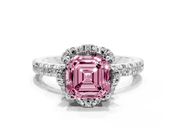 Fancy Pink Asscher Cut Diamond Halo Pave Band with Four-Prong Setting White gold