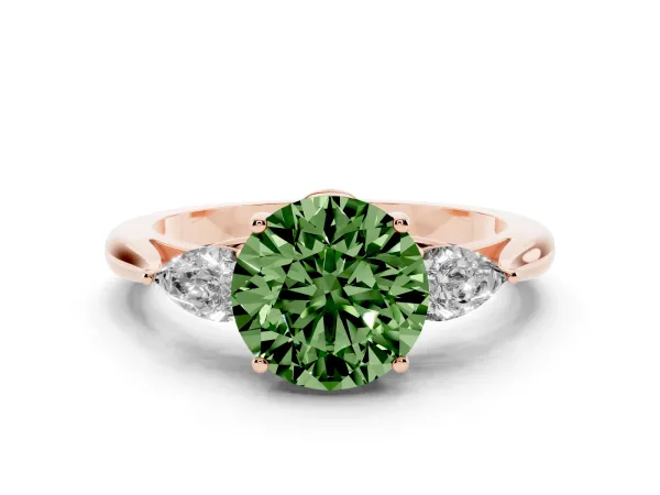 Fancy Green Round Cut Diamond Three-Stone Ring with Pear Side Stones and Prong Setting Rose gold